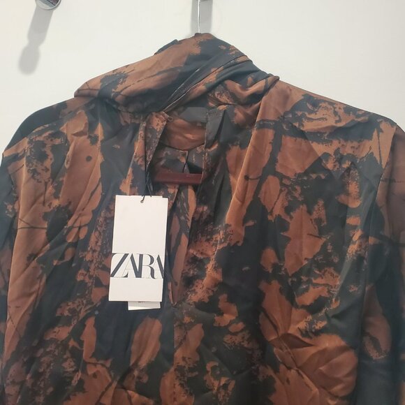 Zara New Brown & Black Abstract Tie Front Blouse with Full Cut Out Long Sleeve L - Picture 8 of 15